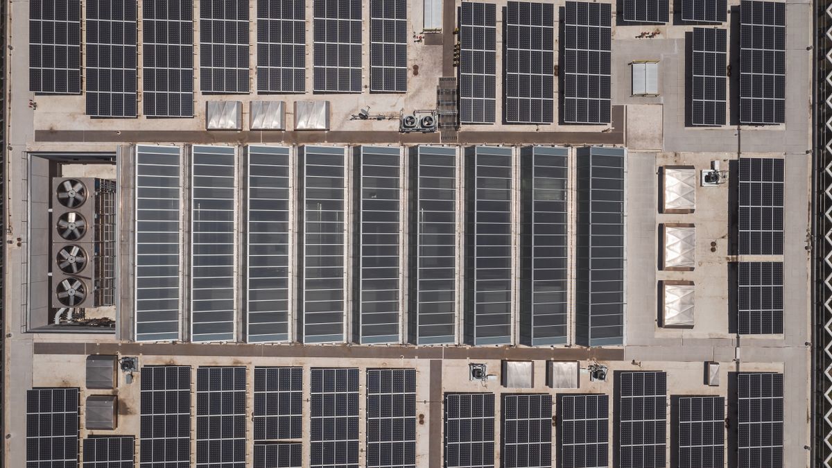 Luftaufnahme eines Hallendachs, das vollständig mit Photovoltaikmodulen belegt ist.